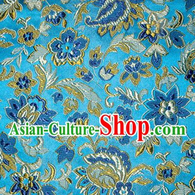 Asian Chinese Tang Suit Silk Fabric Blue Brocade Traditional Flowers Pattern Design Satin Material