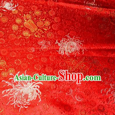 Asian Traditional Royal Chrysanthemum Pattern Design Red Satin Material Chinese Tang Suit Brocade Silk Fabric