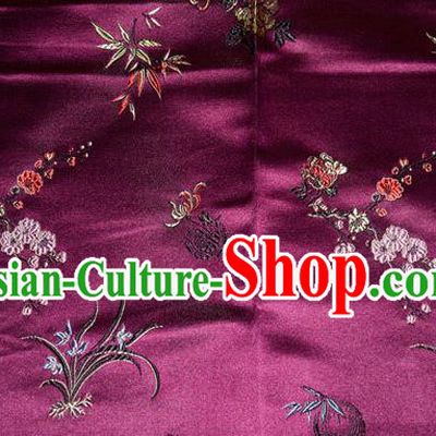 Asian Chinese Tang Suit Purple Brocade Silk Fabric Traditional Plum Blossom Orchid Bamboo Chrysanthemum Pattern Design Satin Material