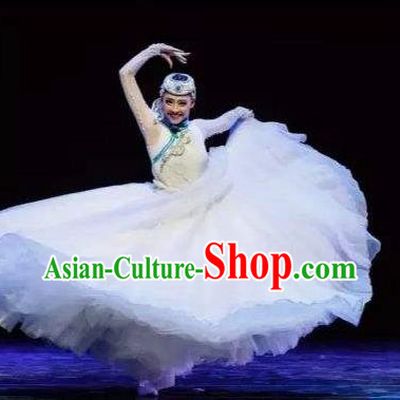 Chinese Traditional Classical Dance Costumes Umbrella Dance Folk Dance White Dress for Women