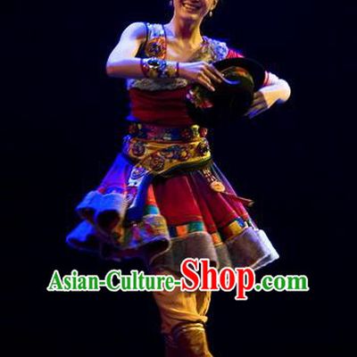 Chinese Traditional Zang Nationality Dance Costumes Group Dance Stage Performance Dress for Women