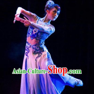 Chinese Traditional Classical Dance Group Dance Costumes Stage Performance Blue Dress for Women