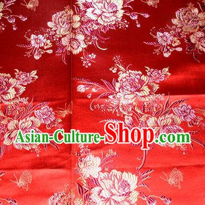 Asian Traditional Peony Flowers Pattern Design Red Satin Material Chinese Tang Suit Brocade Silk Fabric