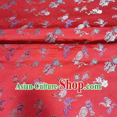 Asian Traditional Vases Pattern Design Red Satin Material Chinese Tang Suit Brocade Silk Fabric
