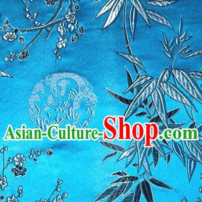 Asian Traditional Royal Plum Blossom Bamboo Pattern Design Blue Satin Material Chinese Tang Suit Brocade Silk Fabric