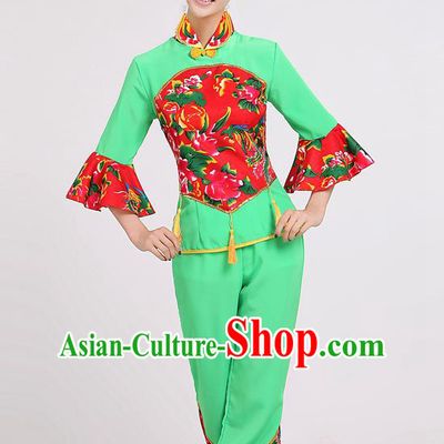Chinese Traditional Yangko Dance Village Girl Green Costumes Group Dance Folk Dance Clothing for Women