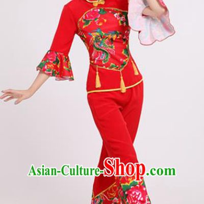 Chinese Traditional Yangko Dance Village Girl Red Costumes Group Dance Folk Dance Clothing for Women