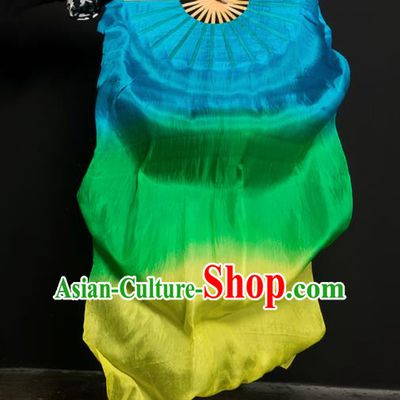 Chinese Traditional Folk Dance Props Gradient Green Ribbon Silk Fans Folding Fans Yangko Fan