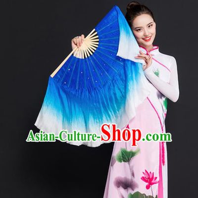 Chinese Traditional Folk Dance Props Double Sides Royalblue Ribbon Silk Fans Folding Fans Yangko Fan