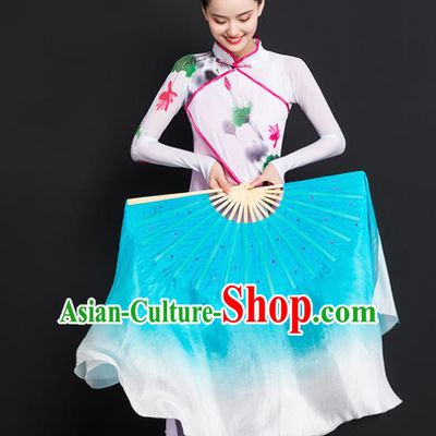 Chinese Traditional Folk Dance Props Double Sides Blue Ribbon Silk Fans Folding Fans Yangko Fan