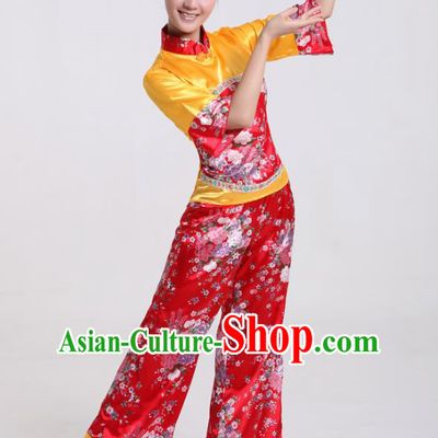 Chinese Traditional Yangko Dance Satin Costumes Group Dance Stage Performance Folk Dance Clothing for Women