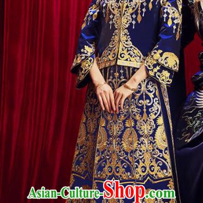 Chinese Traditional Wedding Blue Xiuhe Suits Ancient Bride Embroidered Costumes for Women