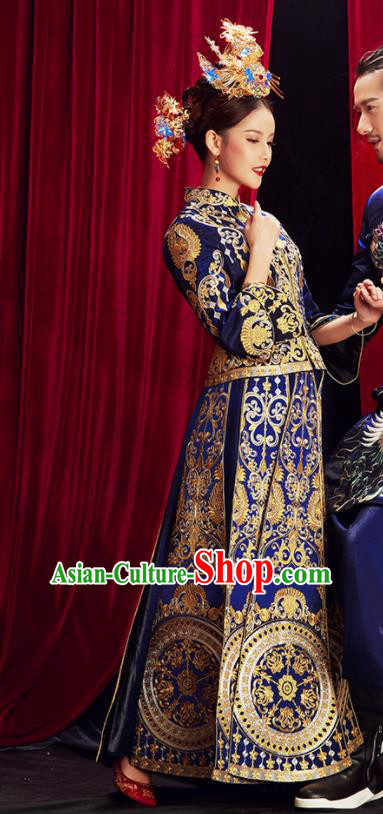 Chinese Traditional Wedding Blue Xiuhe Suits Ancient Bride Embroidered Costumes for Women Chinese Traditional Wedding Blue Xiuhe Suits Ancient Bride Embroidered Costumes for Women