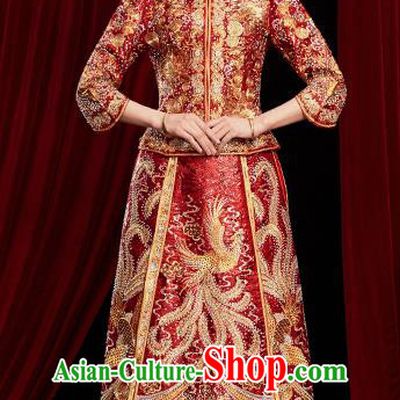 Chinese Traditional Wedding Red Xiuhe Suits Ancient Bride Embroidered Costumes for Women