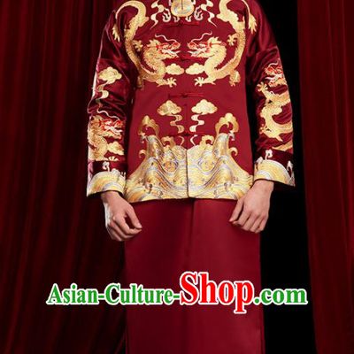 Chinese Traditional Wedding Costumes Tang Suit Bridegroom Embroidered Wine Red Clothing for Men