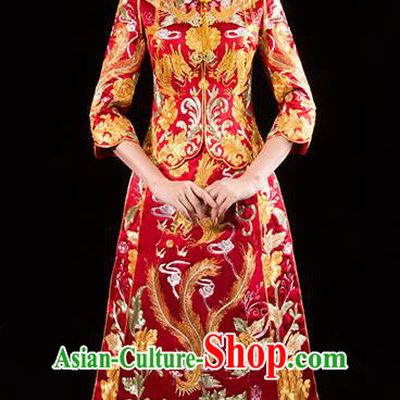 Chinese Traditional Wedding Toast Red Xiuhe Suits Ancient Bride Embroidered Phoenix Costumes for Women