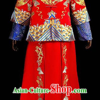 Chinese Traditional Wedding Costumes Tang Suit Bridegroom Embroidered Red Clothing for Men