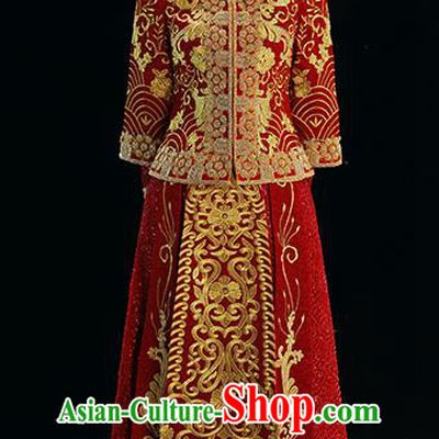 Chinese Traditional Wedding Toast Xiuhe Suits Ancient Bride Embroidered Costumes for Women