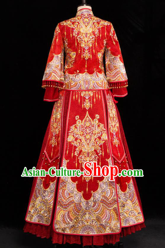 Chinese Traditional Wedding Toast Xiuhe Suits Ancient Bride Handmade Embroidered Costumes for Women Chinese Traditional Wedding Toast Xiuhe Suits Ancient Bride Handmade Embroidered Costumes for Women