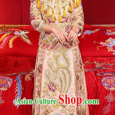 Chinese Traditional Wedding Dress Pink Xiuhe Suits Ancient Bride Handmade Embroidered Costumes for Women