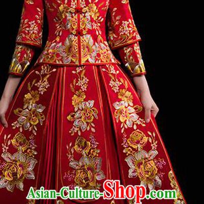 Chinese Traditional Wedding Dress Red Diamante Xiuhe Suits Ancient Bride Handmade Embroidered Peony Costumes for Women