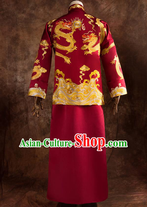 Chinese Traditional Wedding Costumes Bridegroom Embroidered Dragon Tang Suit Red Gown for Men Chinese Traditional Wedding Costumes Bridegroom Embroidered Dragon Tang Suit Red Gown for Men