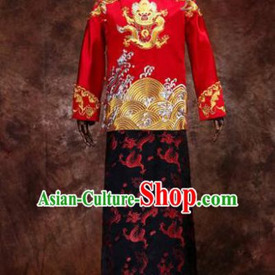 Chinese Traditional Wedding Costumes Ancient Bridegroom Tang Suit Red Mandarin Jacket Long Robe for Men