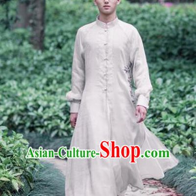 Chinese Traditional Tang Suit Costumes National White Long Gown Overcoat for Men