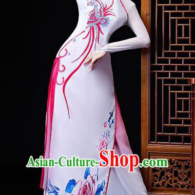Chinese Traditional Classical Dance Costumes Umbrella Dance Group Dance White Dress for Women