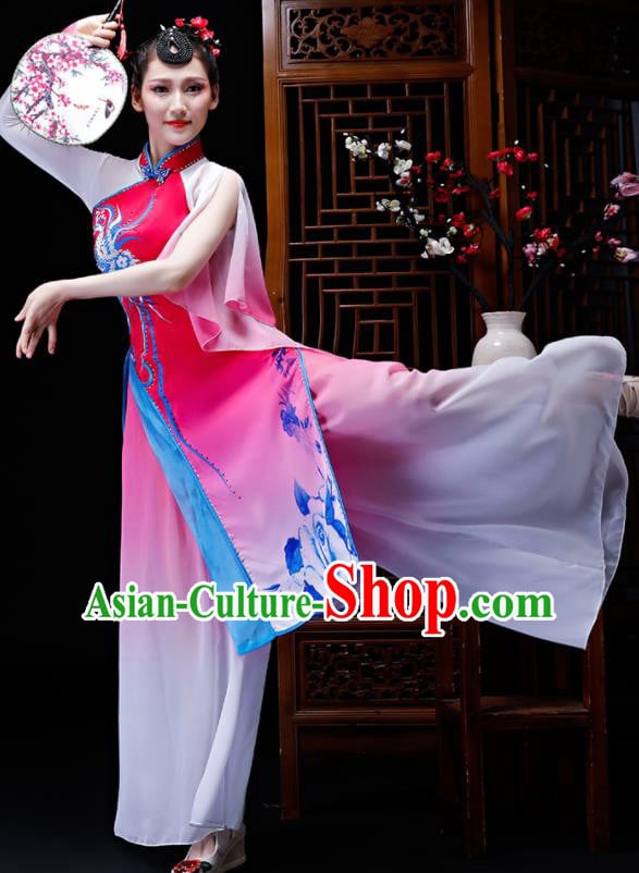 Chinese Traditional Classical Dance Costumes Umbrella Dance Group Dance Rosy Dress for Women
