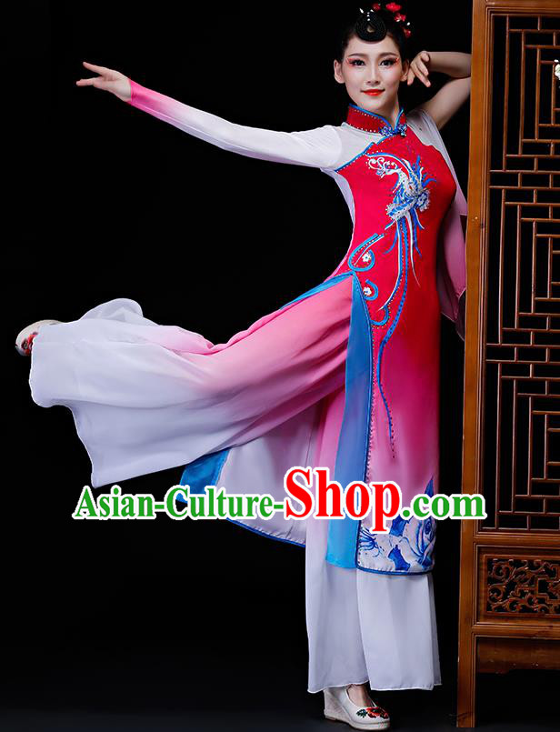 Chinese Traditional Classical Dance Costumes Umbrella Dance Group Dance Rosy Dress for Women