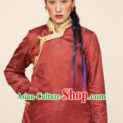 Traditional Chinese Zang Nationality Dance Costumes Ethnic Folk Dance Tibetan Red Jacket for Women