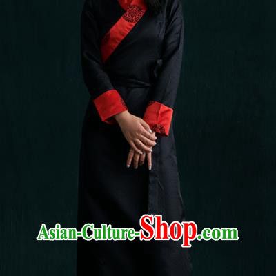 Traditional Chinese Zang Nationality Dance Costumes Black Tibetan Robe Ethnic Folk Dance Dress for Women