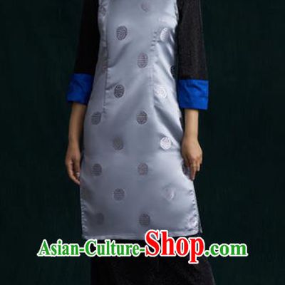 Traditional Chinese Zang Nationality Dance Costumes Grey Tibetan Robe Ethnic Folk Dance Dress for Women
