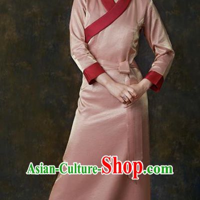 Traditional Chinese Zang Nationality Dance Costumes Pink Tibetan Robe Ethnic Folk Dance Dress for Women