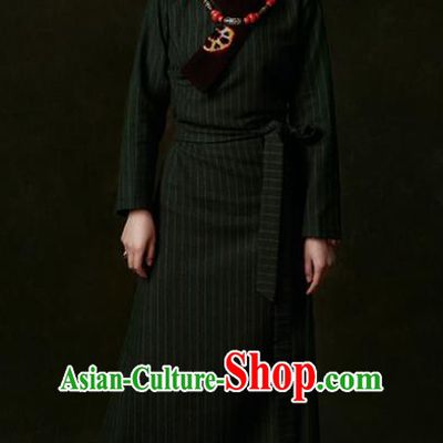 Traditional Chinese Zang Nationality Dance Costumes Atrovirens Tibetan Robe Ethnic Folk Dance Dress for Women