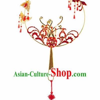 Chinese Ancient Wedding Accessories Bride Palace Fans Handmade Red Round Fan for Women