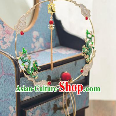 Chinese Ancient Wedding Accessories Bride Palace Fans Handmade Green Dragons Round Fan for Women