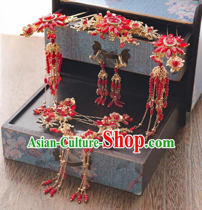 Chinese Ancient Wedding Hair Accessories Bride Red Tassel Hairpins Headwear for Women Chinese Ancient Wedding Hair Accessories Bride Red Tassel Hairpins Headwear for Women