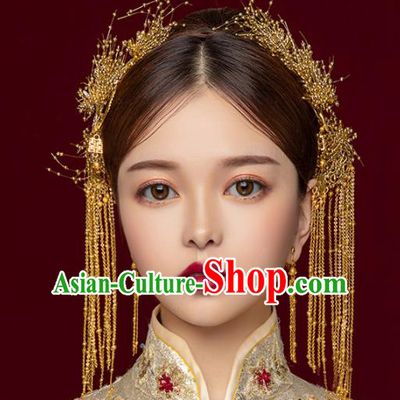 Chinese Ancient Wedding Hair Accessories Golden Tassel Step Shake Bride Hairpins Headwear for Women