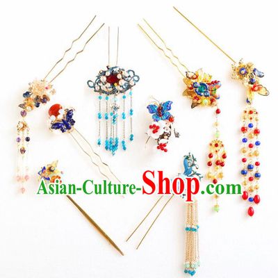 Chinese Ancient Bride Wedding Hair Accessories Blueing Hair Clips Tassel Hairpins Headwear for Women