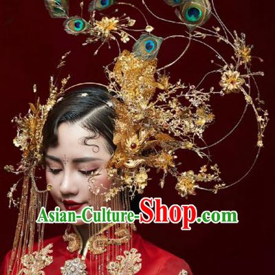 Chinese Ancient Bride Phoenix Coronet Wedding Hair Accessories Tassel Hairpins Feather Headwear for Women