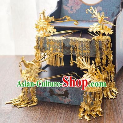 Chinese Ancient Bride Golden Tassel Hair Clips Wedding Hair Accessories Hairpins Headwear for Women