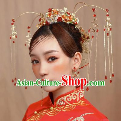 Chinese Ancient Bride Cloisonne Phoenix Coronet Wedding Hair Accessories Hairpins Headwear for Women