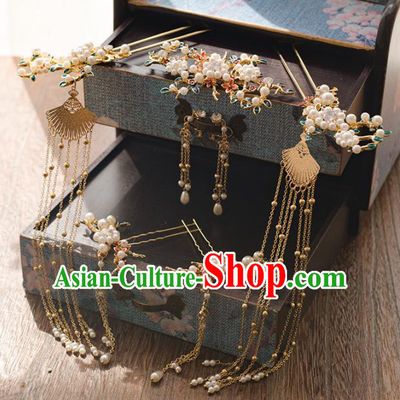 Chinese Ancient Bride Tassel Step Shake Wedding Hair Accessories Pearls Hairpins Headwear for Women