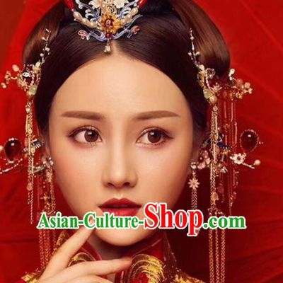 Chinese Ancient Bride Blueing Hair Crown Wedding Hair Accessories Palace Hairpins Headwear for Women