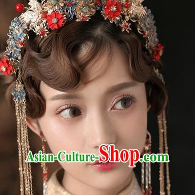 Chinese Ancient Wedding Hair Accessories Cloisonne Phoenix Coronet Bride Hairpins Headwear for Women