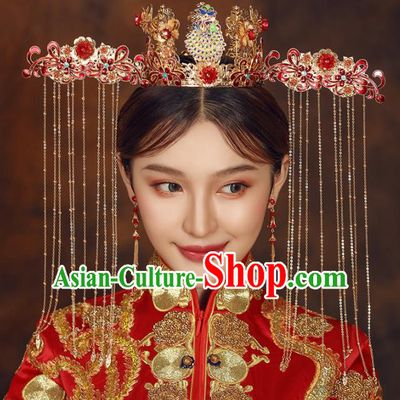 Chinese Ancient Bride Red Phoenix Coronet Wedding Hair Accessories Palace Hairpins Headwear for Women