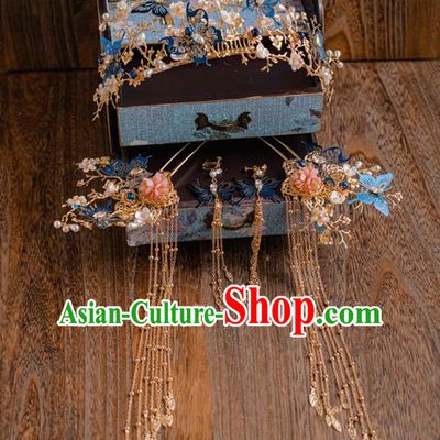 Chinese Ancient Wedding Hair Accessories Bride Blue Butterfly Phoenix Coronet Tassel Hairpins Headwear for Women