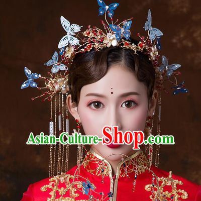 Chinese Ancient Wedding Blue Butterfly Hair Accessories Bride Phoenix Coronet Tassel Hairpins Headwear for Women